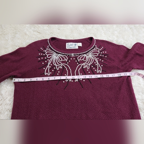 Anthropologie Field Flower Pearled Bow Beaded Sweater Wool Blend Burgundy Sz Med - Picture 8 of 12